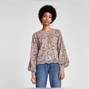 Zara Blush Pink Floral Lace Long Sleeve Top Blouse Women’s Sz L